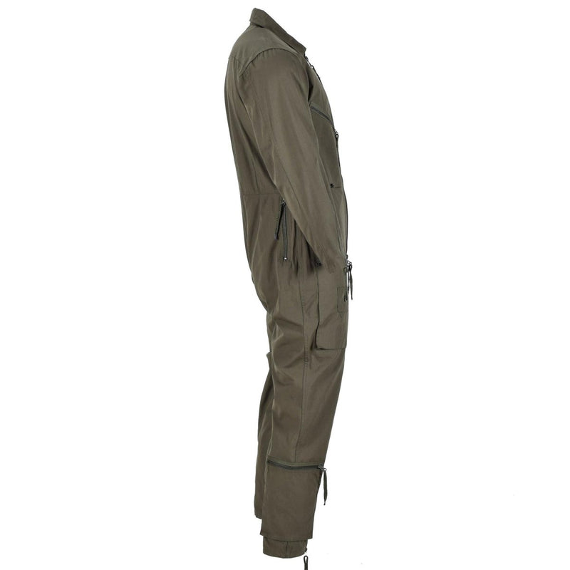 Side view of Mil-Tec olive green German army coverall for men with multiple zippered pockets and reinforced stitching.