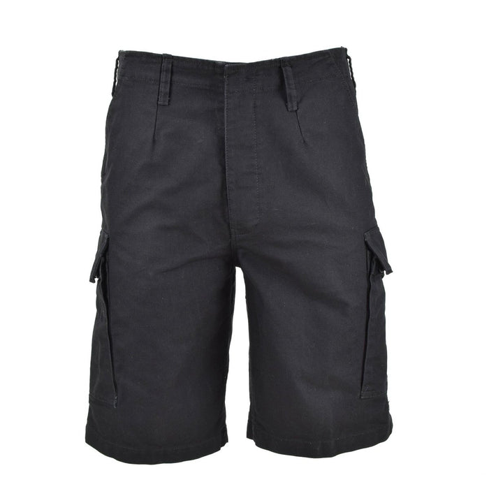 Zwarte voorgewassen bermudashort van moleskin met cargozakken, geïnspireerd op de stijl van het Duitse leger voor robuuste duurzaamheid.