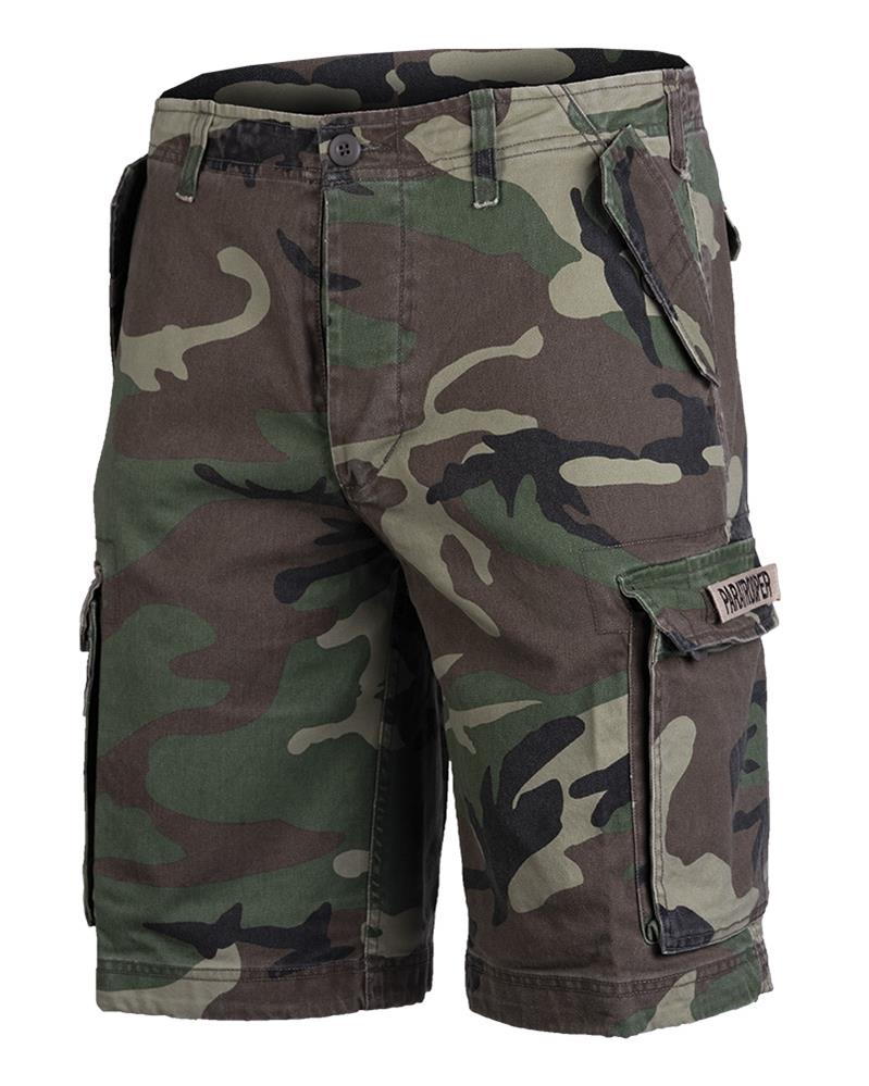 Mil-Tec German military paratrooper style prewashed woodland camo cargo shorts with secure pockets and durable fabric.