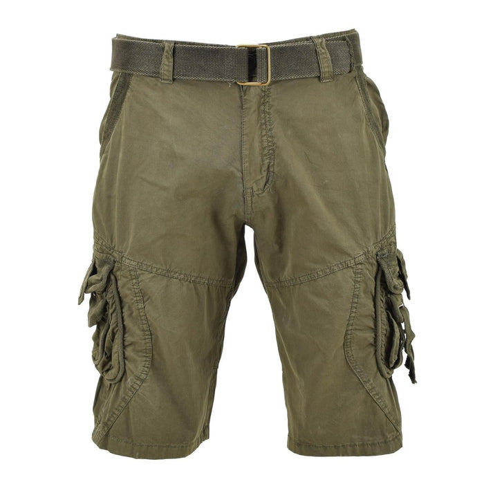 Short de combat olive prélavé de style vintage Mil-Tec avec ceinture et poches cargo sécurisées pour une utilisation extérieure robuste.