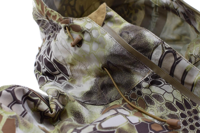 Close-up of Mil-Tec MANDRA camo waterproof hardshell jacket with adjustable hood and zipper closure