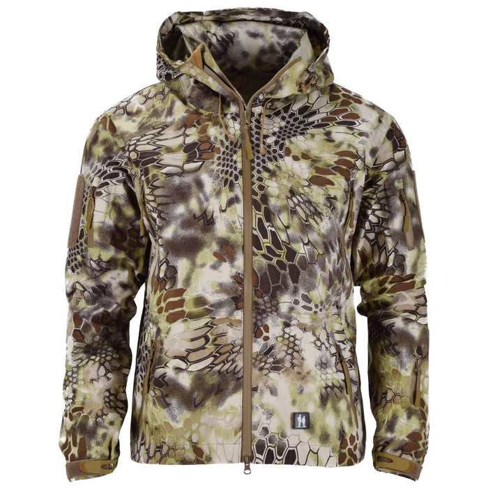 Mil-Tec MANDRA camo waterdichte hardshelljas voor heren met verstelbare capuchon en meerdere zakken.