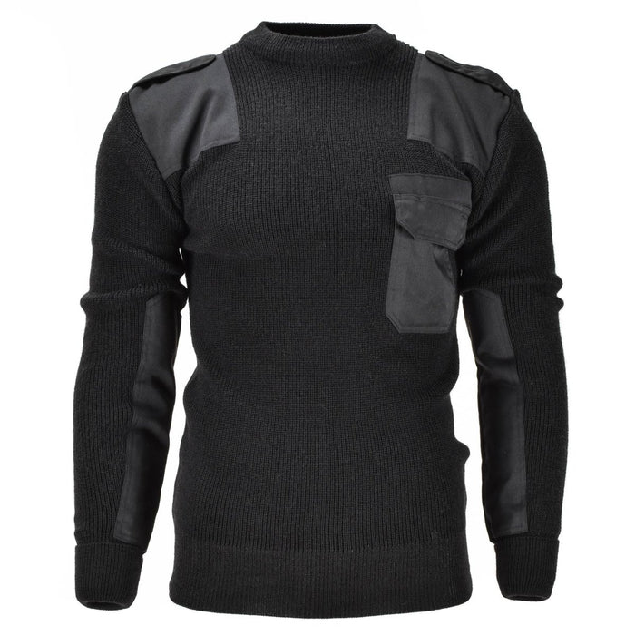 Pull noir Mil-Tec de la Bundeswehr allemande avec coudes, épaulettes, épaulettes et poches poitrine renforcés.
