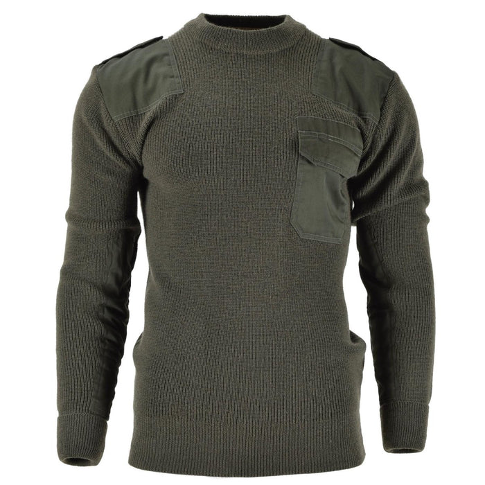 Mil-Tec olijfgroene wollen commandotrui in Duitse Bundeswehr-stijl met versterkte schouders en borstzak.