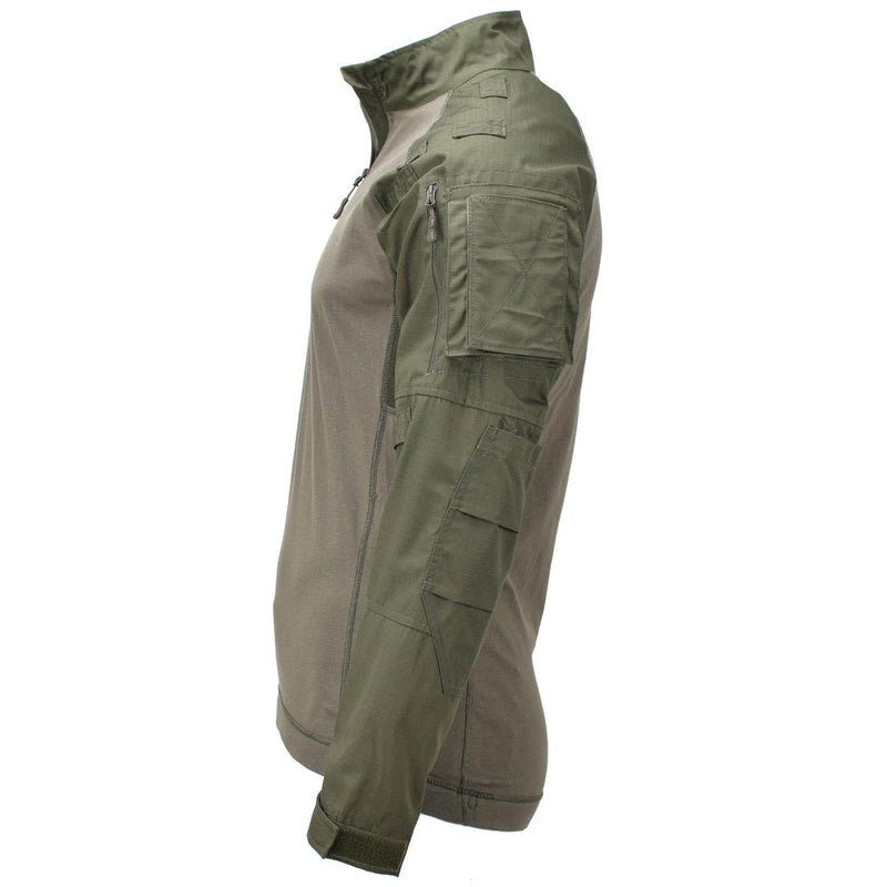 Olive green Mil-Tec military tactical combat shirt with zippered pockets and breathable fabric for outdoor use.