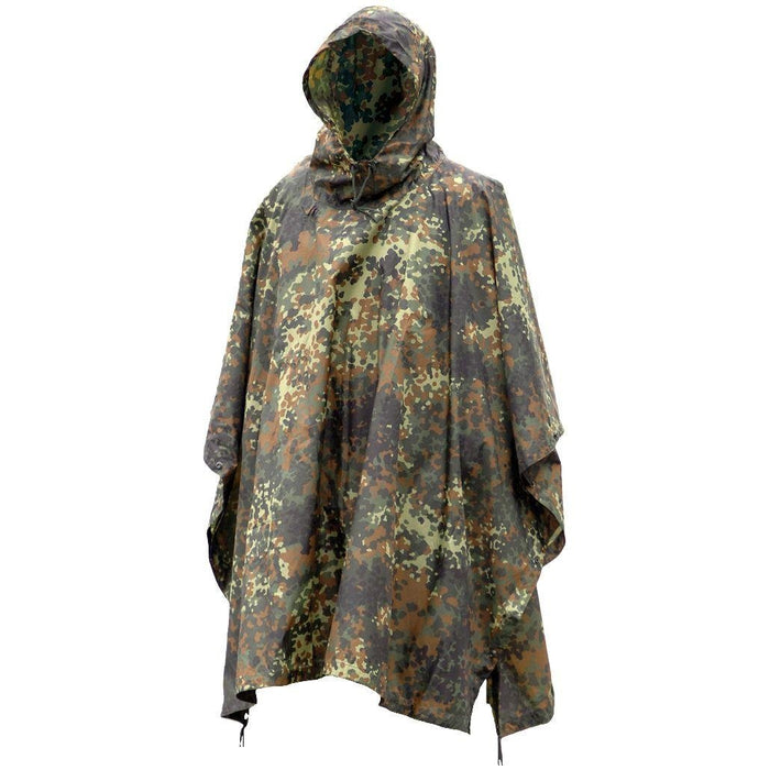 Mil-Tec poncho in militaire stijl in Flecktarn-camouflage, lichtgewicht, waterdicht, met capuchon en oogjes voor gebruik in de schuilplaats.