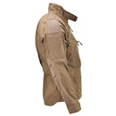 Side view of Mil-Tec tactical field jacket in dark coyote with zippered pockets, Velcro patches, and reinforced elbows