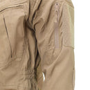 Close-up of coyote brown Mil-Tec military ripstop jacket sleeve with zippered pocket and Velcro patch detail