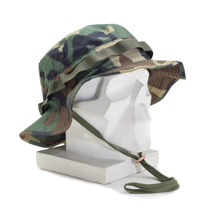 Mil-Tec Military style woodland boonie hat with ripstop fabric, chin strap, breathable and lightweight for outdoor use.