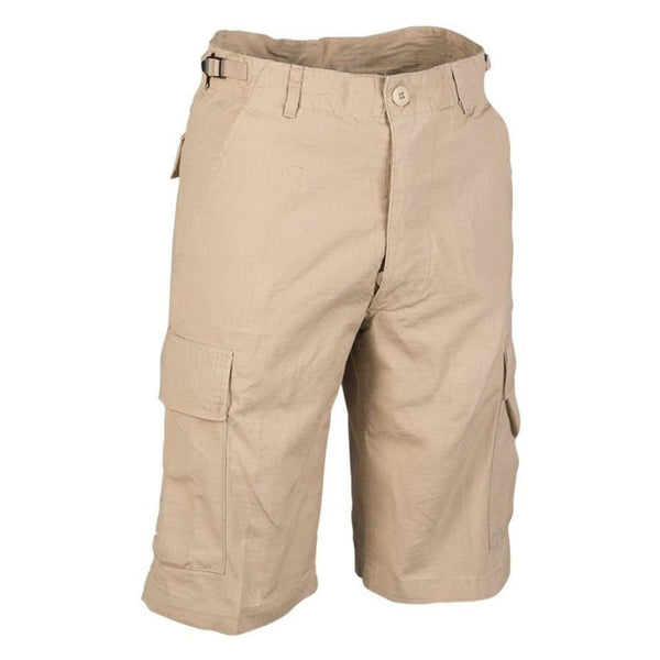 Khaki Mil-Tec U.S. Military bermuda shorts with ripstop fabric, cargo pockets, belt loops, and a prewashed durable design.