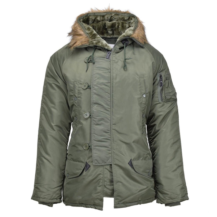 Olijfgroen MIL-TEC Amerikaanse pilotenparka N3B in militaire stijl met capuchon van imitatiebont en geïsoleerde voering voor koud weer