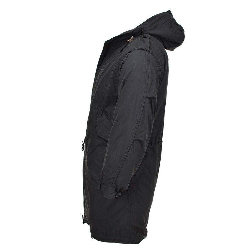 Side view of MIL-TEC black military style M51 parka with hood, quilted liner, and multiple pockets.