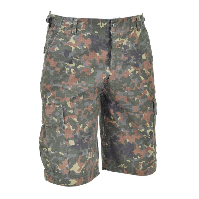Mil-Tec Short cargo anti-déchirure camouflage flecktarn prélavé de style militaire américain avec poches fonctionnelles et tissu durable