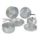 MIL-TEC lightweight aluminum camping cookware set with pots, pan, and kettle for outdoor cooking and boiling water.