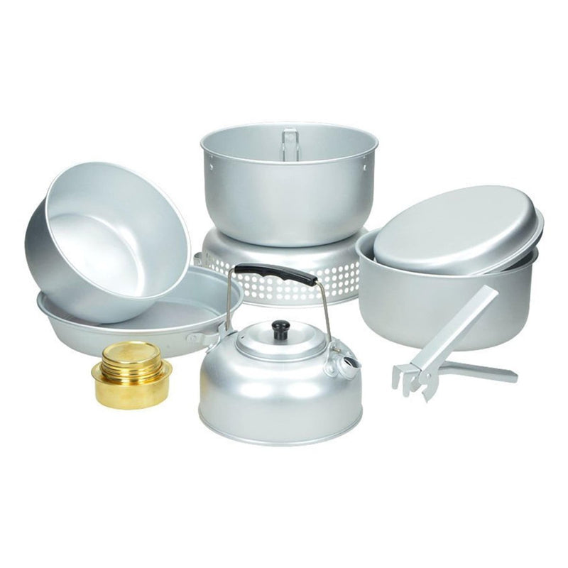MIL-TEC camping cookware set with aluminum pots, pans, kettle, alcohol burner, and utensil for outdoor cooking