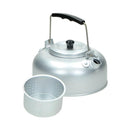 Compact aluminum camping kettle with handle and detachable strainer, ideal for outdoor cooking and boiling water.