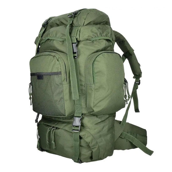 Green MIL-TEC Commando hiking backpack with multiple compartments and MOLLE webbing, 55 liters waterproof large daypack.