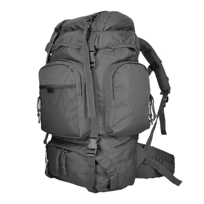 Black MIL-TEC COMMANDO 55L tactical backpack with multiple compartments and padded hip belt for outdoor use
