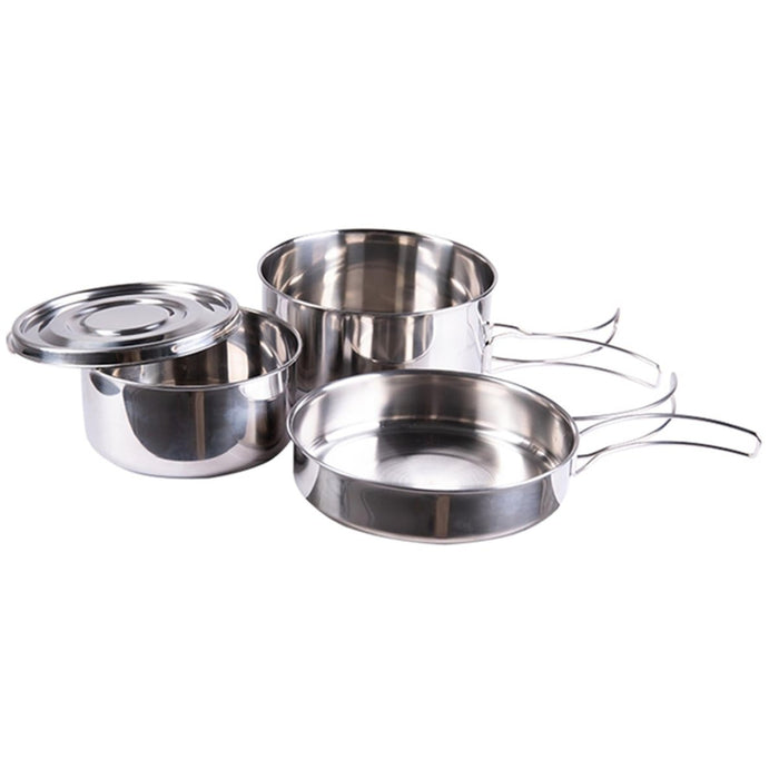 Batterie de cuisine 4 pièces en acier inoxydable MIL-TEC avec casserole, poêle et assiette pour le camping et la cuisine en plein air.