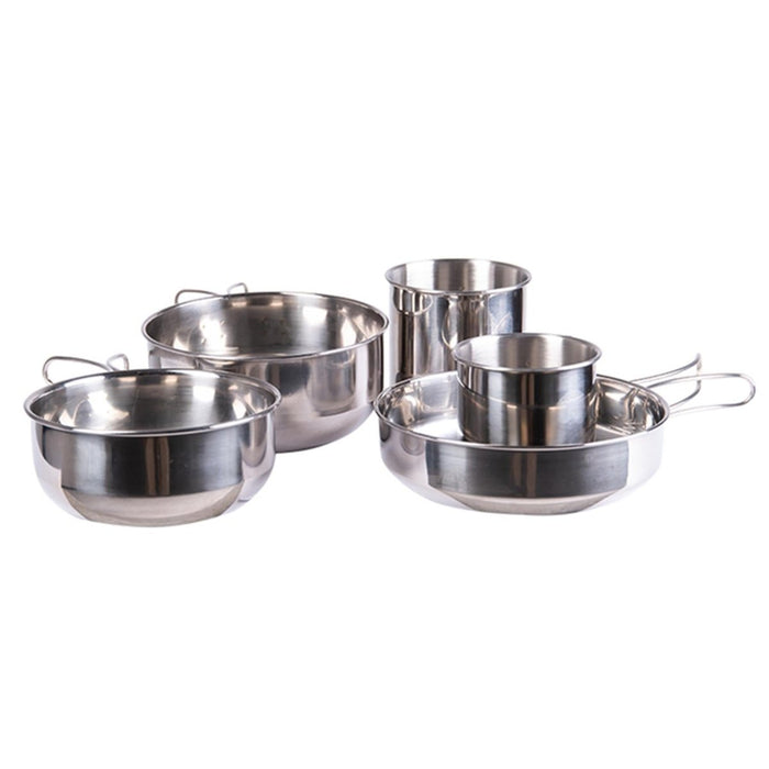 Batterie de cuisine de camping MIL-TEC en acier inoxydable 5 pièces comprenant des casseroles et des tasses pour la cuisine en plein air et la portabilité.