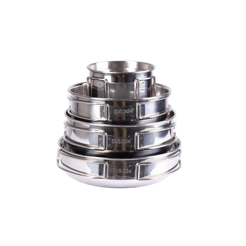Stacked stainless steel camping cookware set with multiple pots and cups for outdoor cooking and easy storage