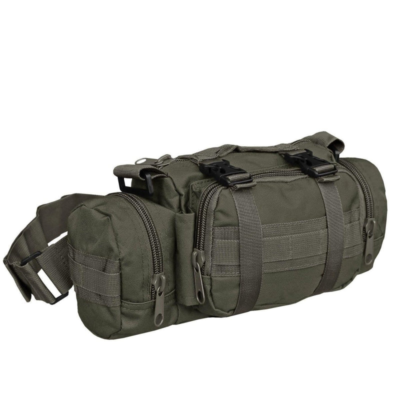 Olive green MIL-TEC tactical backpack with multiple zippered compartments and adjustable straps and buckles