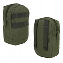 Olive green tactical pouch with zipper, MOLLE webbing, and dual strap attachments for backpack or belt use.