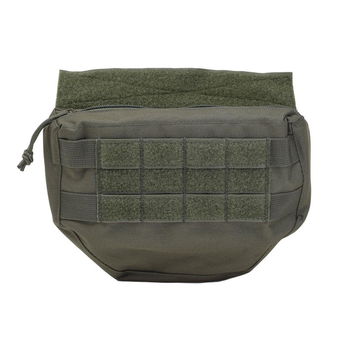 Compact olijfgroen tactisch MOLLE drop-down tasje met klittenbandpanelen voor veelzijdige bevestiging van uitrusting.