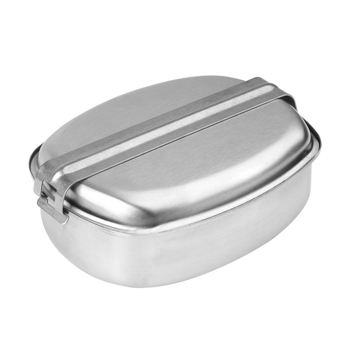 Roestvrijstalen MIL-TEC eetset in Franse militaire stijl met veilig deksel, ideaal voor duurzaam buiten koken en kamperen.