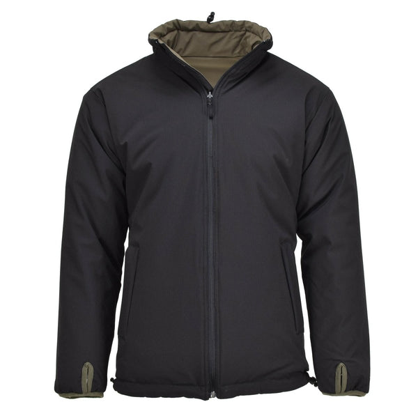 Black side of reversible MIL-TEC German military cold weather jacket with windproof insulation and adjustable features.