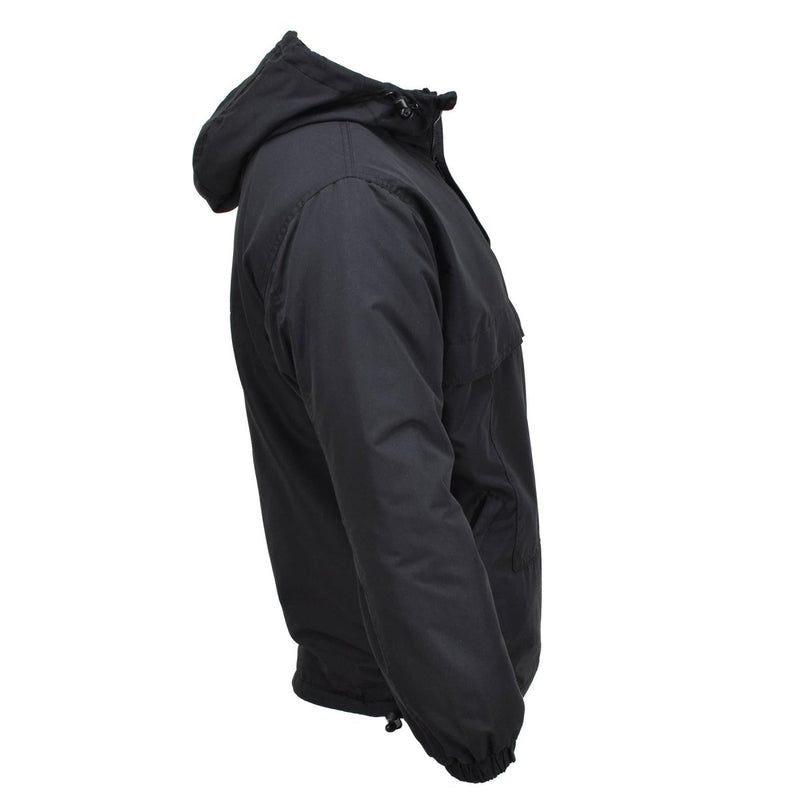Side view of black MIL-TEC fleece-lined military jacket with hood, windproof and designed for outdoor use.