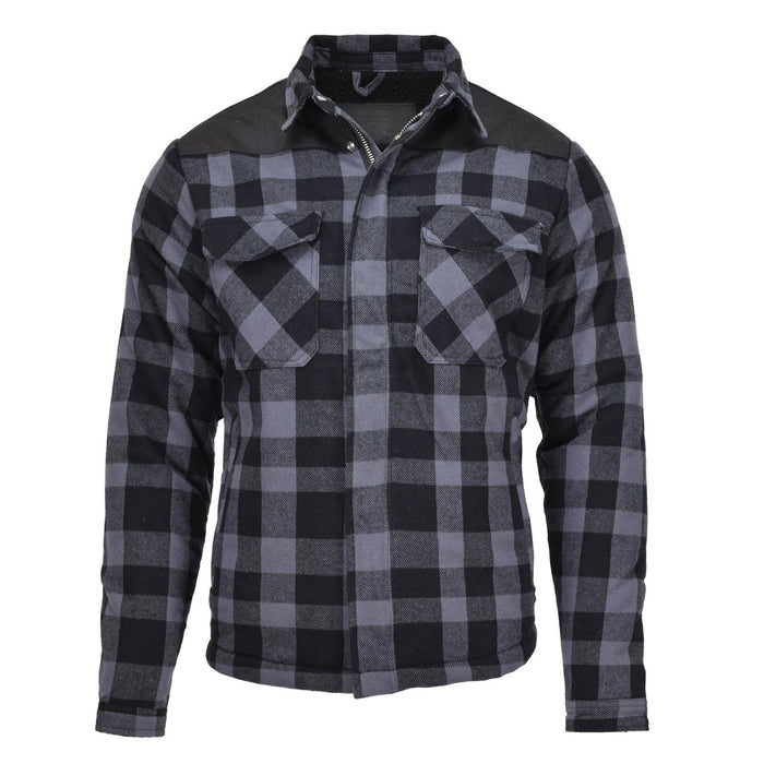 Veste de bûcheron militaire allemande MIL-TEC à carreaux noirs et gris avec poches et tissu robuste pour plus de chaleur et de durabilité.