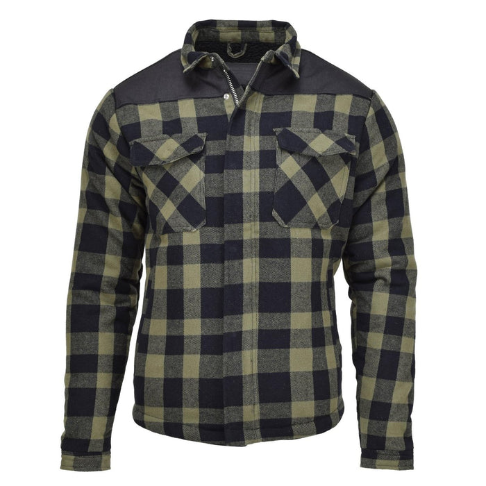 Veste de bûcheron à carreaux noirs et olive avec tissu durable et fermeture éclair sur le devant pour plus de chaleur et une utilisation en extérieur.