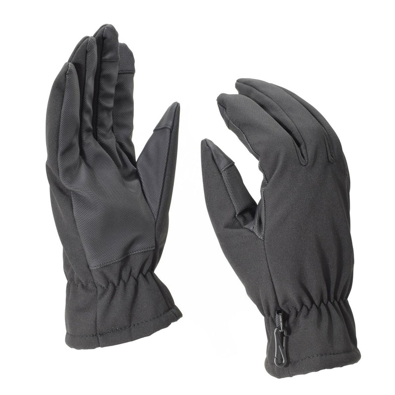 Black Mil-Tec softshell winter gloves with 3M Thinsulate lining, elastic wristband, and anti-slip grip for cold weather.