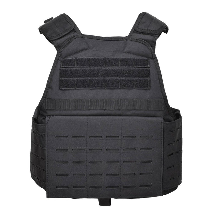 Zwart MIL-TEC Laser Cut tactisch gevechtsplaatdragervest met MOLLE-compatibiliteit en verstelbare schouderbanden.