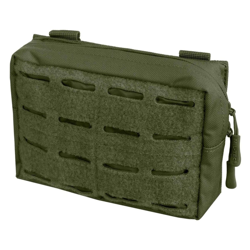 Olive green MIL-TEC laser cut utility belt pouch with MOLLE webbing for tactical gear and small essentials.