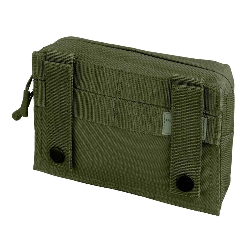Compact olive green tactical utility pouch with MOLLE webbing and belt attachment straps for versatile gear carrying