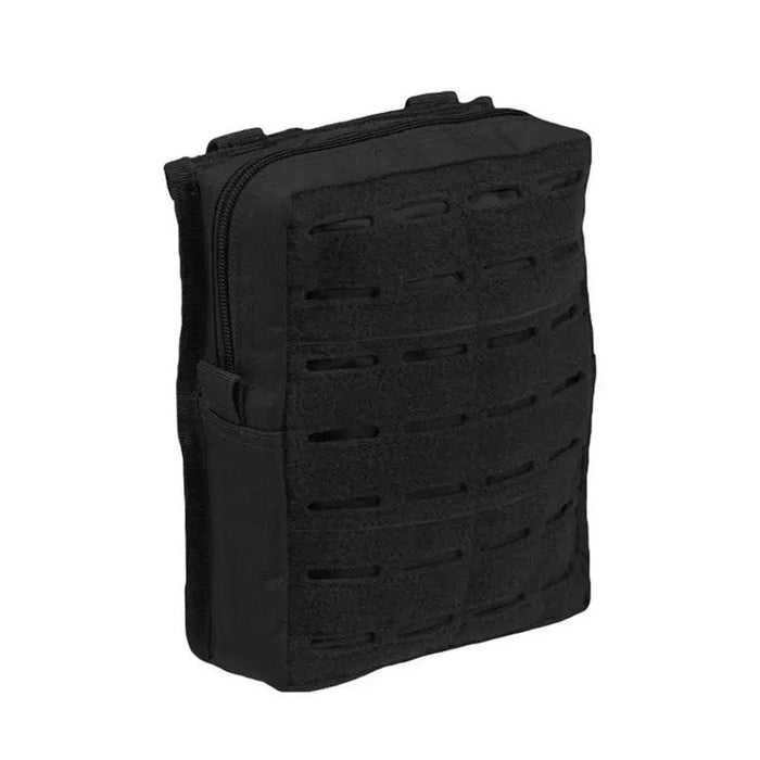 Groot zwart MIL-TEC tactisch lasercut heuptasje met MOLLE-compatibiliteit en duurzame ritssluiting voor het opbergen van outdoorspullen.