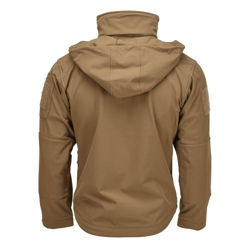 Back view of MIL-TEC Military style SCU14 soft shell jacket in dark coyote with hood and tactical design.