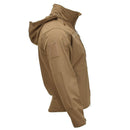 Side view of MIL-TEC military style soft shell jacket in dark coyote with hood and tactical design details