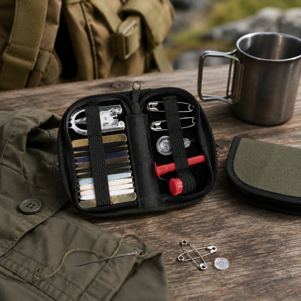 Mil-Tec Naaiset Etui Reizen Kamperen Reparatie Survival Set Olive Darb