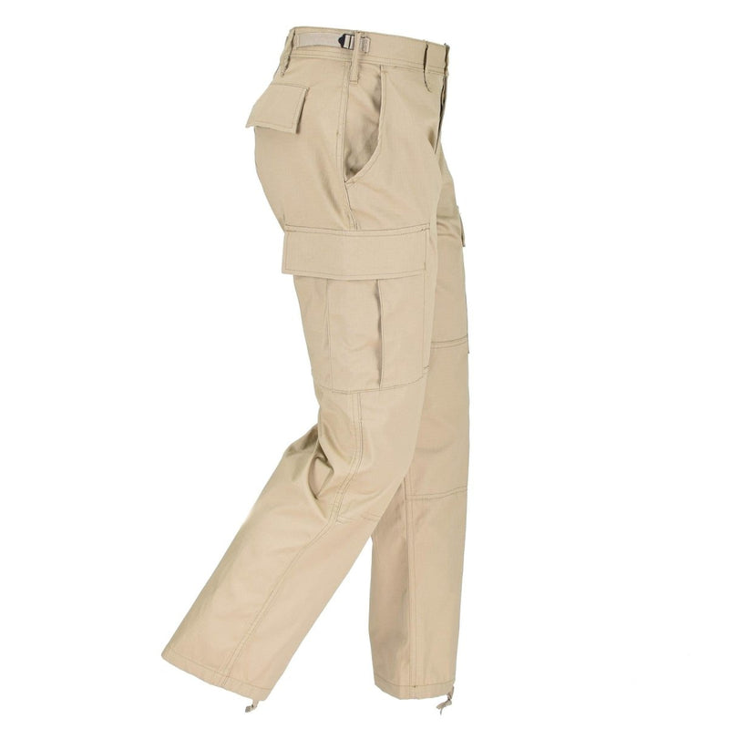 Khaki MIL-TEC US Army style field pants with cargo pockets, adjustable waist, and ripstop fabric for durability.