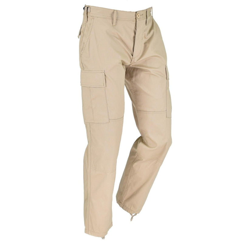 Khaki Mil-Tec US Army style men's field pants with cargo pockets and adjustable cuffs for durability and comfort.