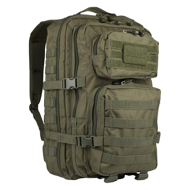 36L olive green MIL-TEC U.S. assault backpack with multiple compartments, MOLLE attachments, and padded shoulder straps for hiking.