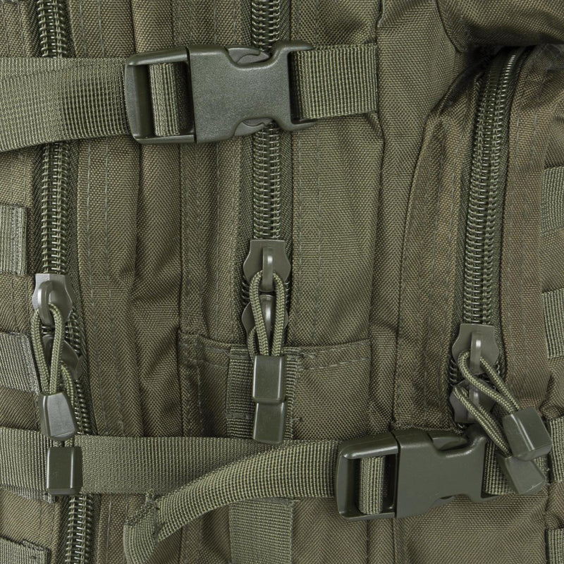 Close-up of olive green MIL-TEC U.S. Assault 36L backpack with zippers, buckles, and MOLLE webbing straps