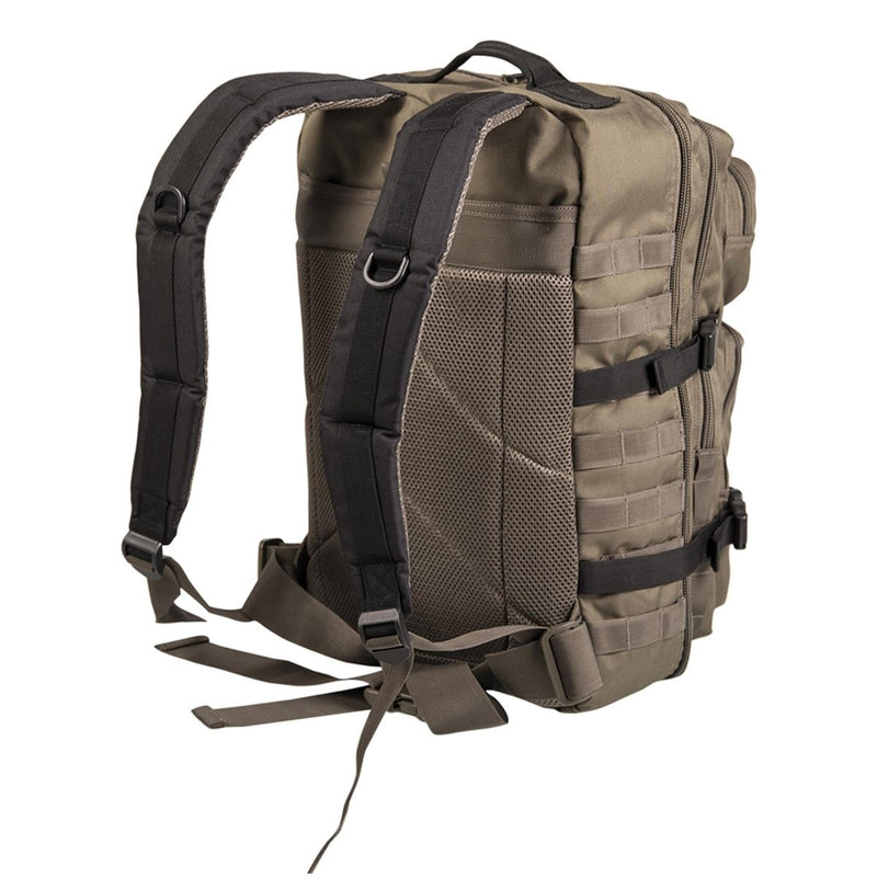 MIL-TEC U.S. Assault Ranger 20L backpack in olive black with padded straps and MOLLE system for hiking and tactical use.