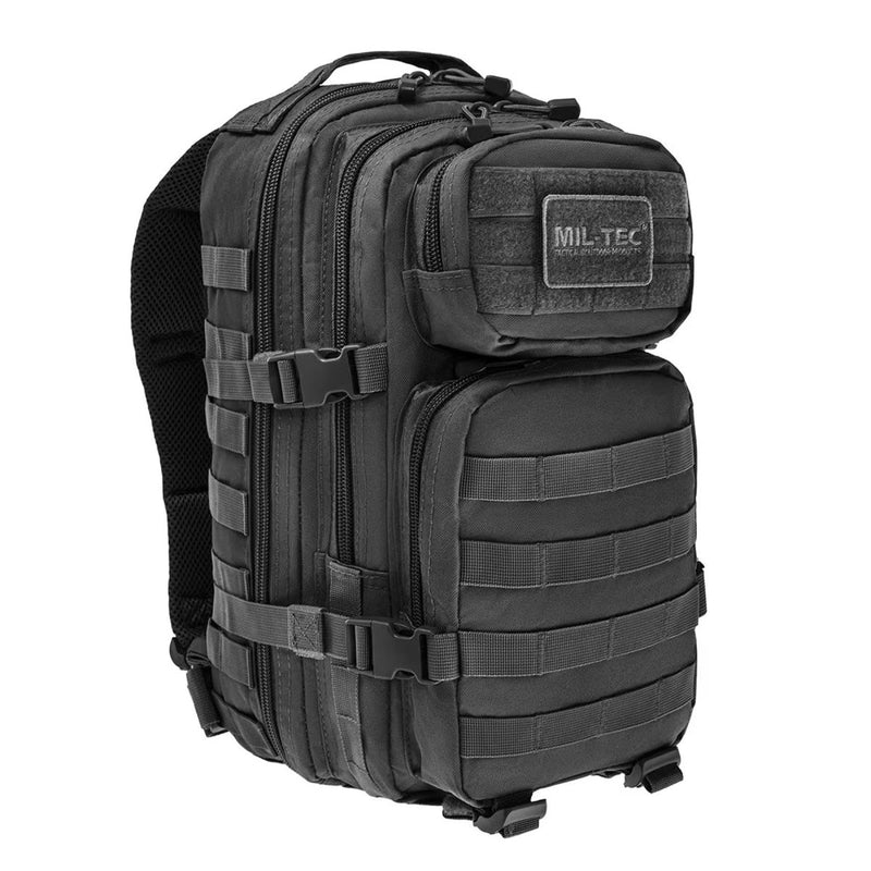 Black MIL-TEC U.S. Assault style 20L tactical backpack with MOLLE attachments and padded straps for outdoor use