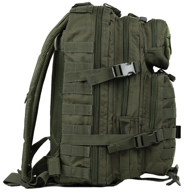 Olive green MIL-TEC U.S. Assault style tactical backpack 20L with MOLLE webbing and adjustable straps for hiking and outdoor use