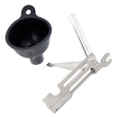 Black plastic funnel and metal multi-tool for maintaining MIL-TEC U.S. military-style M-95 petrol camping stove
