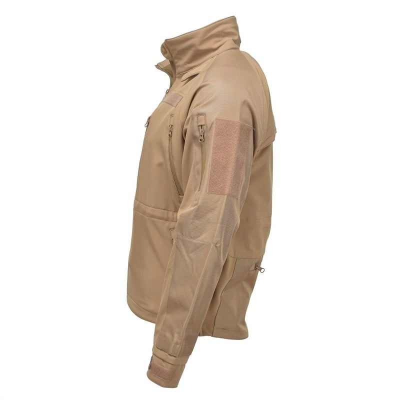 Side view of MIL-TEC coyote soft shell hiking jacket with zippered pockets and reinforced fabric